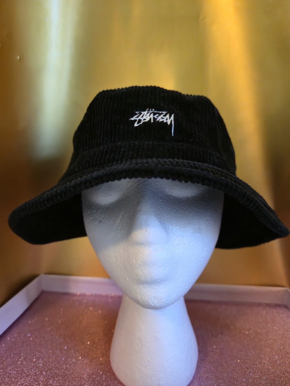 Stussy Corduroy Bucket Hat Black Embroidered Stock Logo Streetwear Skate Cap